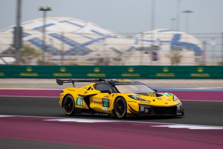 Photo of the No. 81 Corvette Racing Z06 GT3.R on track during the 2025 Qatar 1812km. The No. 81 Vette would ultimately retire due to an alternator issue while its sister, the No. 33 Vette, went on to win.