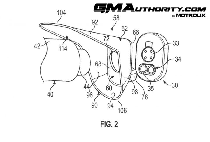 GM patent image for an EV charge port weather shield.
