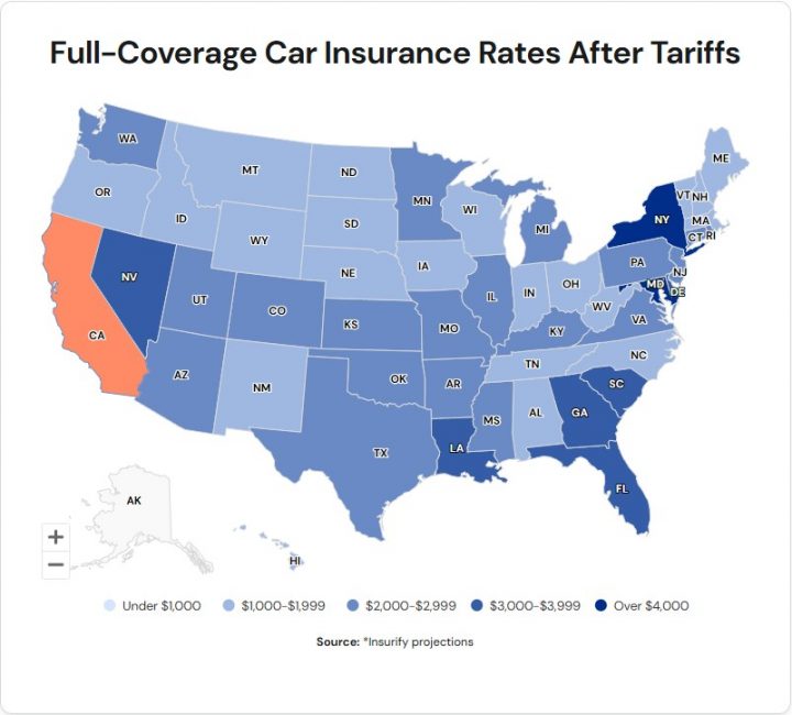 Insurify car insurance rates after tariffs map.