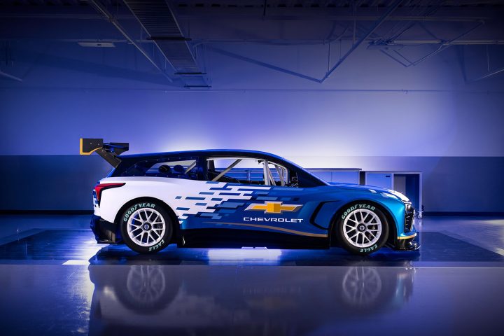 Photo showing a side view of the NASCAR Chevy Blazer EV.R prototype. The race car was unveiled ahead of the 2025 Daytona 500. 