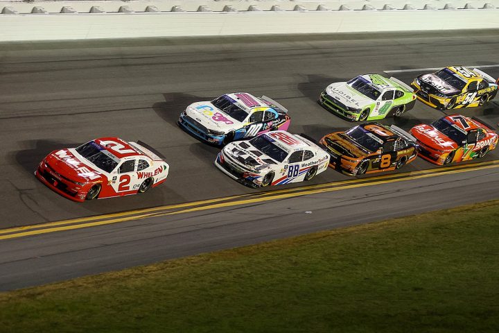 Photo showing a general view of racing during the Xfinity Series race at Daytona on February 15th, 2025. Jesse Love's No. 2 NASCAR Chevy is shown out front. 