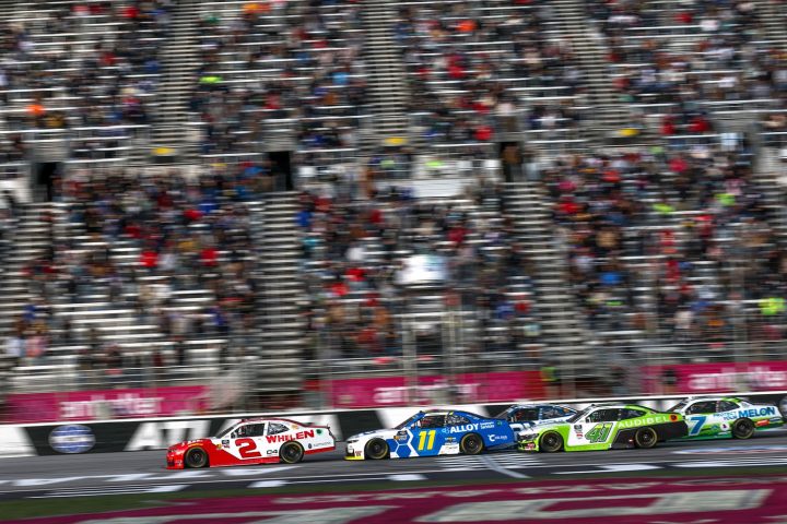 Photo showing a general view of racing in the NASCAR Xfinity Series race at Atlanta on February 21st, 2025. The race ended in controversy when NASCAR did not throw a caution for a last-lap crash.