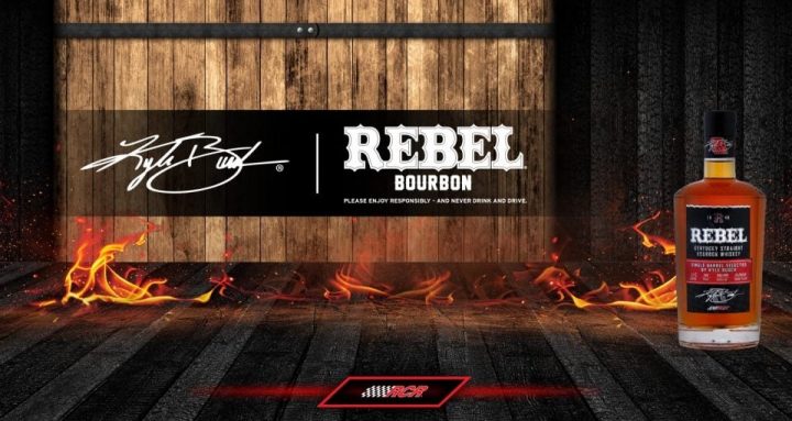 Advertising image of NASCAR Chevy sponsor Rebel Bourbon's limited-edition Kyle Busch 108 Single Barrel Bourbon.