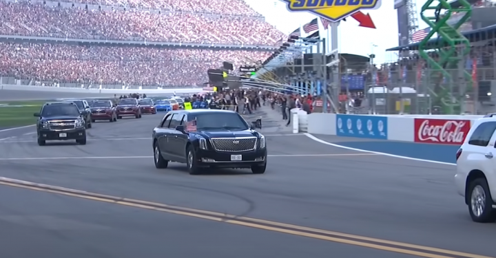 Video still of President Trump's Cadillac limo pacing the field off Pit Road in the 2025 Daytona 500. It's the first time a president has made laps on track. 