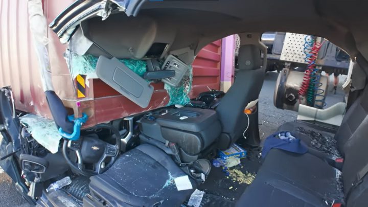Smashed Chevy Silverado interior.