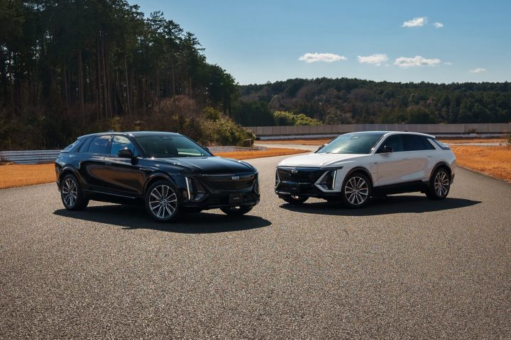 Front view of two Cadillac Lyriq RHD Sport units for Japan.