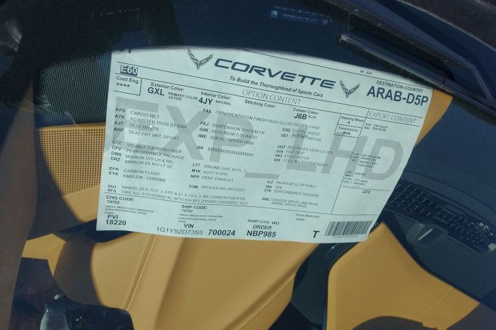 2025 Chevy Corvette ZR1 build sheet.