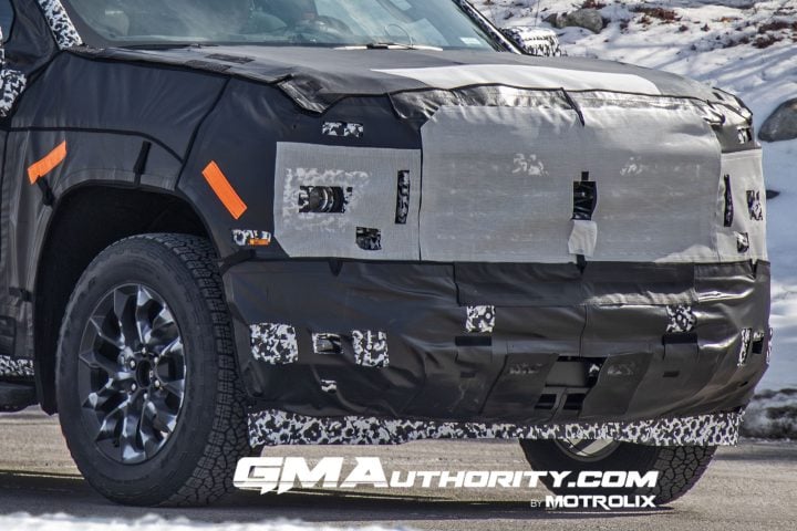 A photo of the front end of a 2027 Chevy Silverado 1500 prototype as it undergoes testing in early 2025.