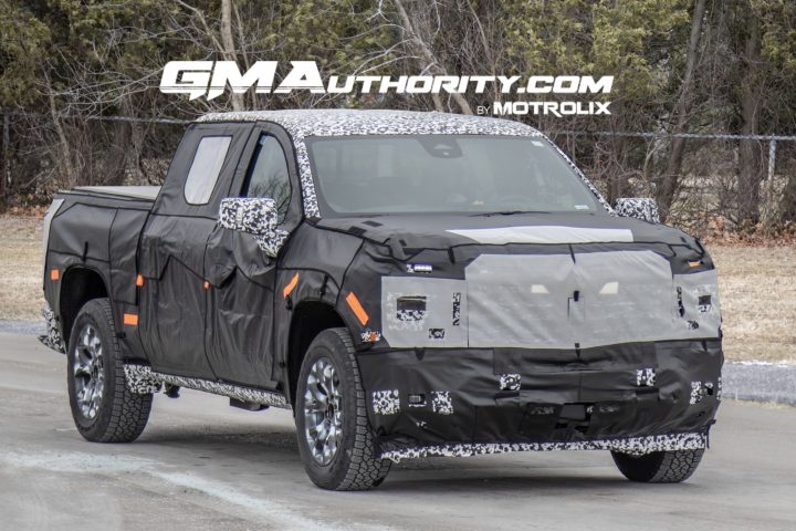 2027 Silverado Hybrid spy shot front three quarter angle.