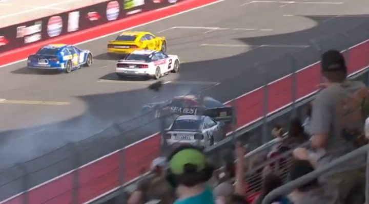 Video still of Ty Dillon's No. 10 Chevy spinning after intentional contact from the Ford of Austin Cindric. Cindric could be penalized for the wreck. 