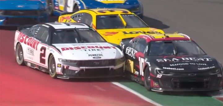 Video still of the No. 2 Ford Mustang of Austin Cindric moments before he took out the No. 10 NASCAR Chevy of Ty Dillon. Cindric received a fine and a point penalty following the wreck.