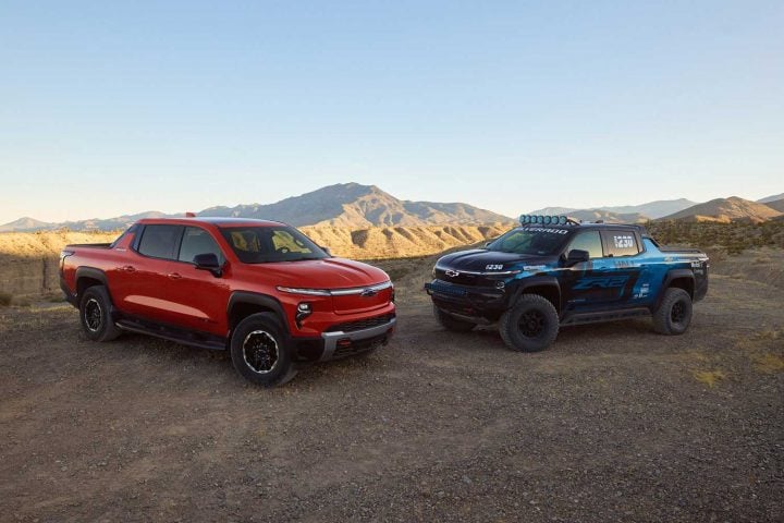 The Chevy Silverado EV ZR2 race truck and production Silverado EV.