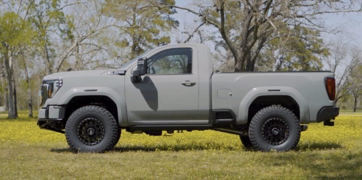 A modified GMC Sierra HD pickup truck.