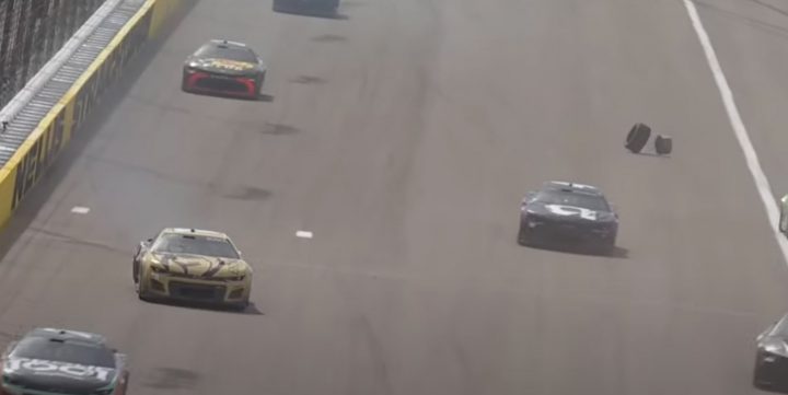 Video still of Kyle Busch's No. 8 NASCAR Chevy crashing after a wheel separated from the race car at Las Vegas. Busch was one of four Chevy teams penalized for wheel issues. 