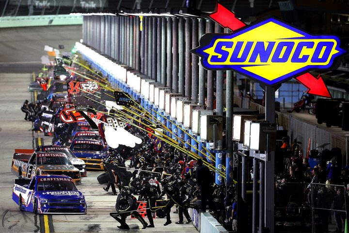 Photo showing the Truck Series competitors on Pit Road during a pit stop cycle. The NASCAR Chevy of Kyle Larson would go on to win by over a second. 