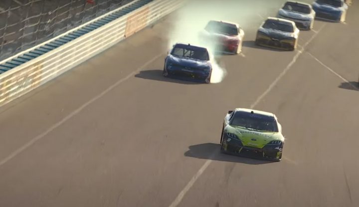 Video still of Alex Bowman aboard his NASCAR Chevy after it struck the wall heading to the finish at Phoenix in the Xfinity Series race. Aric Almirola would win the race. 