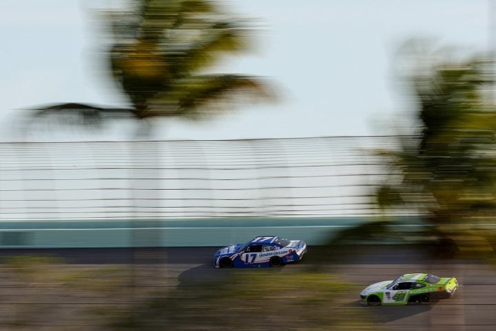 Photo showing a general view of racing in the Xfinity Series race at Homestead-Miami Speedway. The race was dominated by NASCAR Chevy drivers.