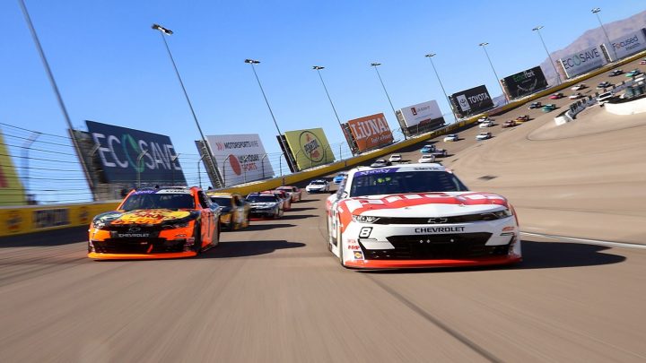 Photo showing a general view of racing during the Xfinity Series race at Las Vegas on March 15th, 2025. Two NASCAR Chevy entries lead the pack. 