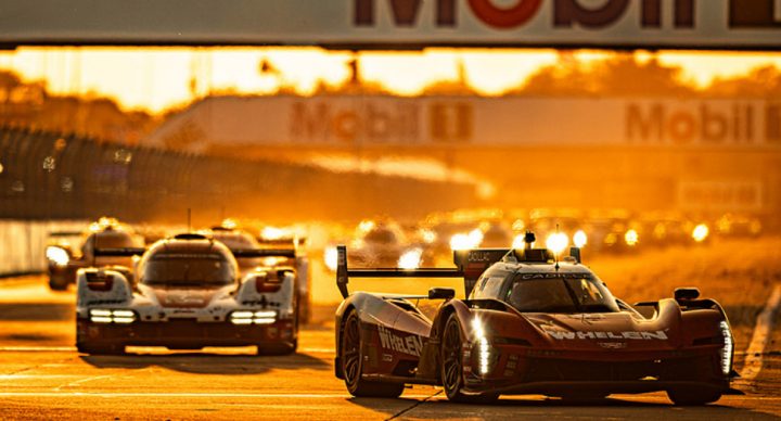 Photo showing the No. 31 Cadillac racing V-Series.R leading the pack at the 2025 12 Hours of Sebring. The team would ultimately finish fourth.