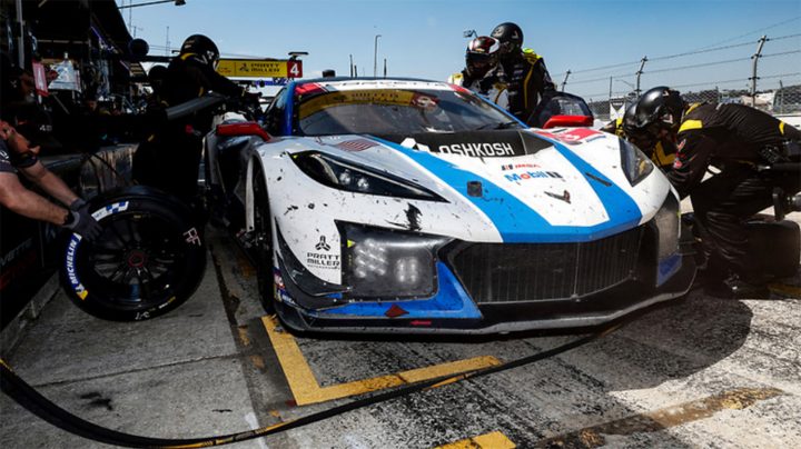 Photo of the No. 4 Corvette Racing Z06 GT3.R in the pits during the 2025 12 Hours of Sebring. All four Vette racers suffered incidents during the race.