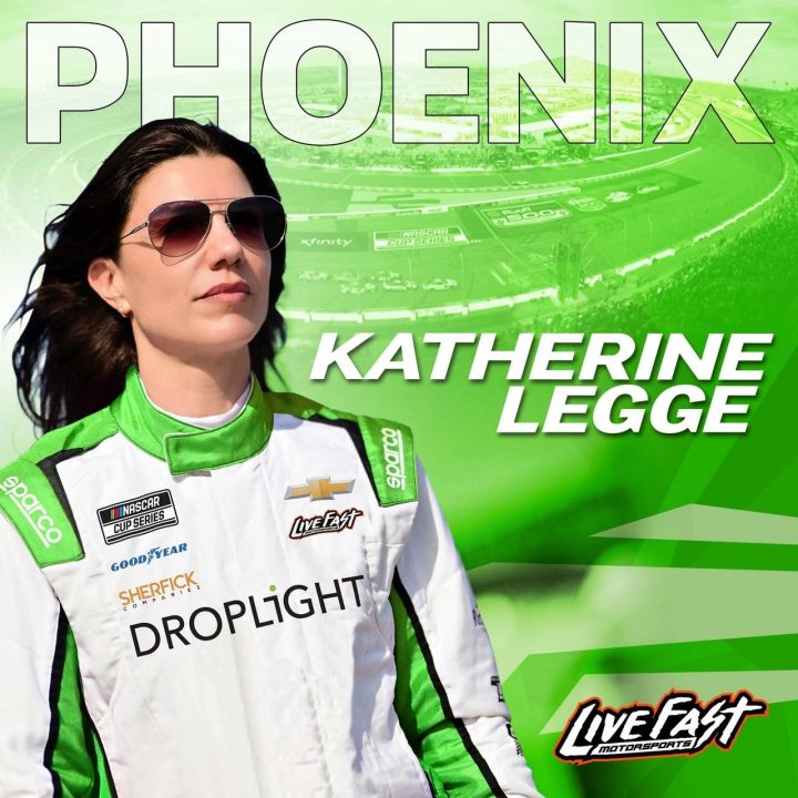 A promotional photo of Katherine Legge, announcing her entrance into the forthcoming NASCAR Cup Series race at Phoenix in partnership with Live Fast Racing. 
