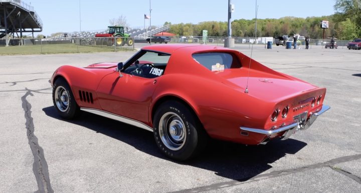 A modified 1968 Corvette before a drag race.
