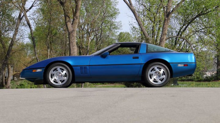 Side profile view of the Quasar Blue 1990 Chevy Corvette ZR-1 heading to auction.