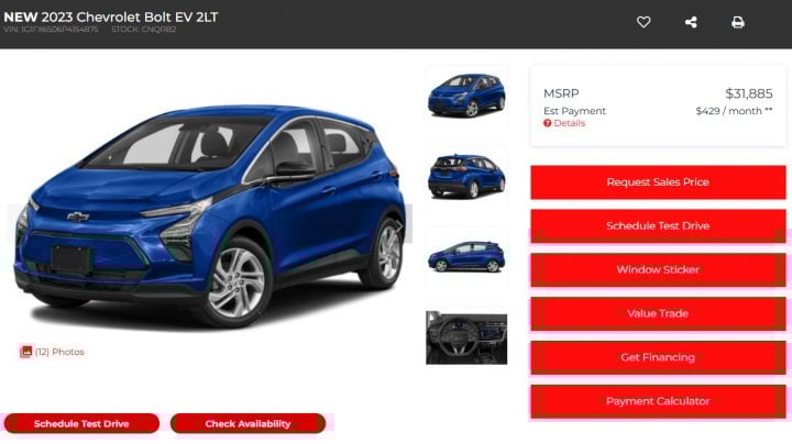 2023 Chevy Bolt EV listing.