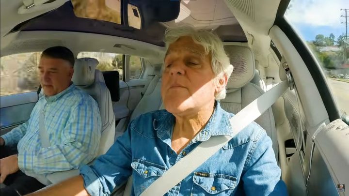 Jay Leno and Tony Roma touring a 2025 Cadillac Celestiq.
