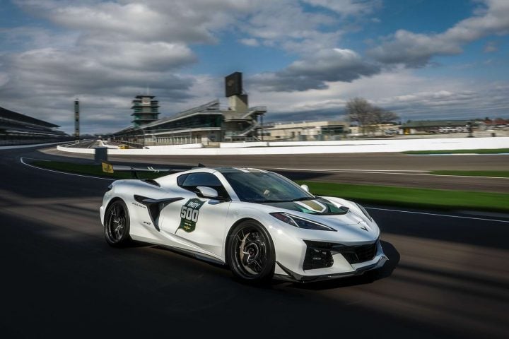 Front three quarters view of the Chevy Corvette ZR1 2025 pace car. 