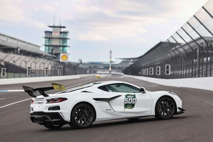 Rear three quarters view of the Chevy Corvette ZR1 2025 pace car. 