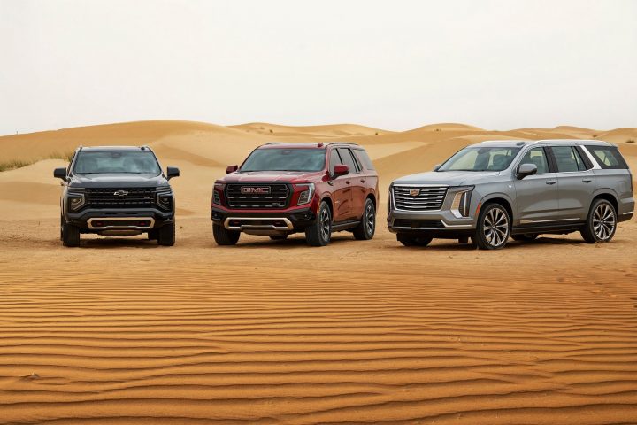 Front view of GM Middle East's full-size SUV portfolio: Chevy Tahoe, GMC Yukon and Cadillac Escalade.