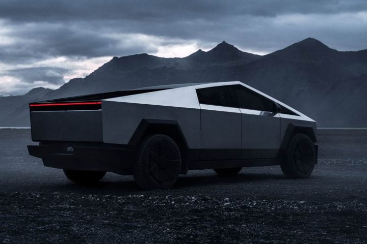 Tesla Cybertruck rear three quarter angle.