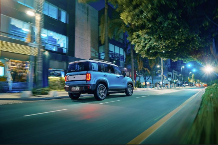Rear three-quarter view of the 2026 Chevy Spark EUV Activ for Brazil.