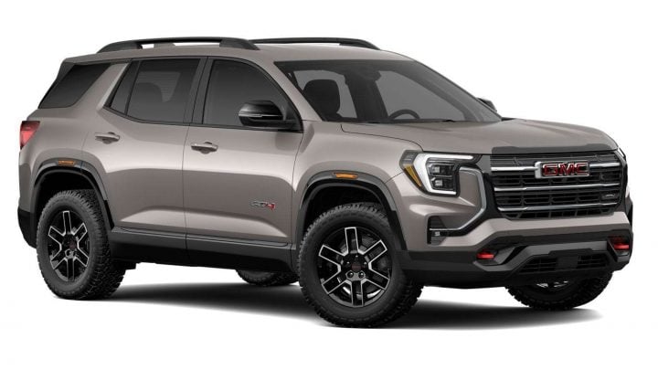2026 GMC Terrain AT4 in Riverstone Metallic (GFR) front three quarter angle.