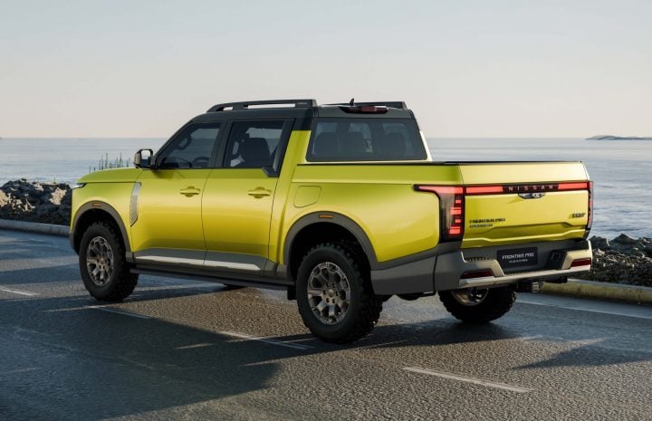 Nissan Frontier Pro rear three quarter angle.