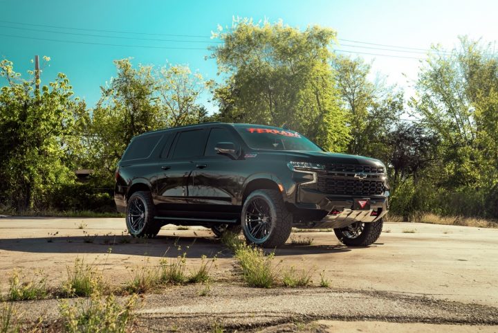 The front three-quarters of a custom Chevy Suburban Z71.