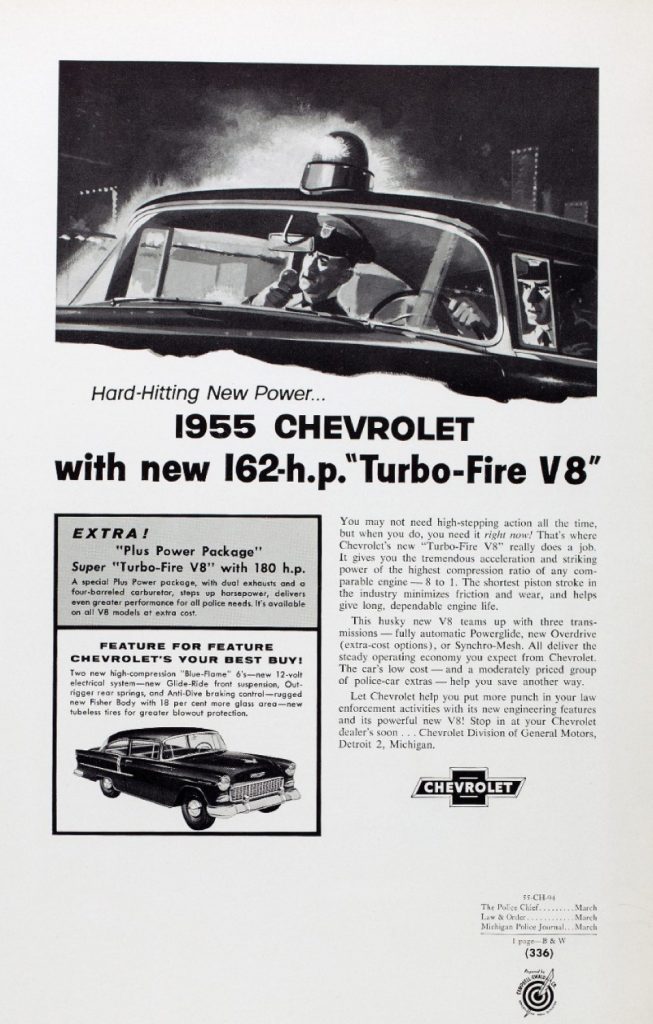 A classic Chevy police vehicle advertisement.
