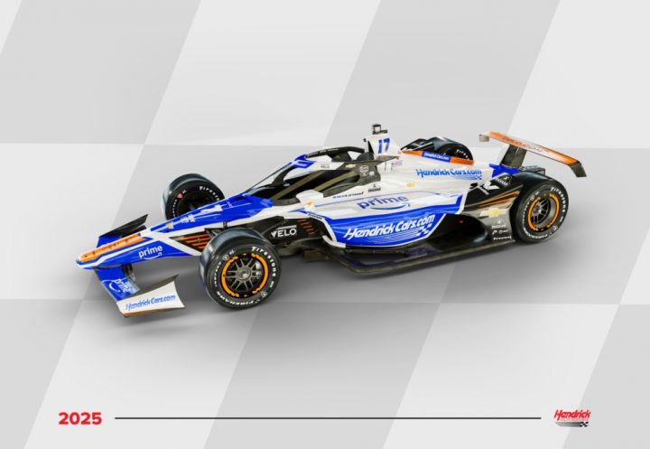 Photo showing a rendering of the IndyCar Chevy to be driven by Kyle Larson at the 2025 Indy 500. He'll drive his regular NASCAR Chevy later that same day in the Coca-Color 600.