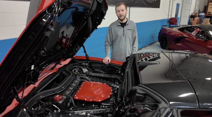 The engine bay of a supercharged C8 Corvette Stingray.