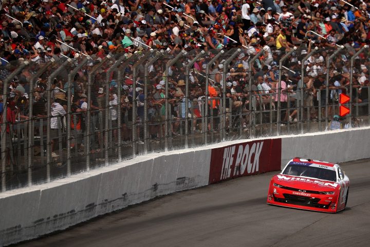Photo showing Jesse Love's No. 2 NASCAR Chevy on track at Rockingham. He was ultimately disqualified and his win forfeit. 