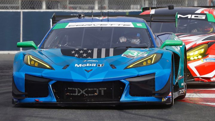 Photo of the No. 36 Corvette Racing Z06 GT3.R on track at Long Beach. This race car, which features hand controls, would be involved in a crash and finished 15th. 