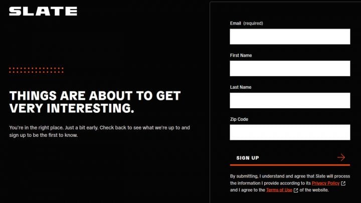 Landing page for the Slate Auto website. The first Slate vehicle is expected to be a pickup truck.