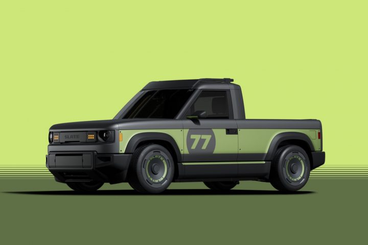 Slate Truck with green wrap front three quarter angle.