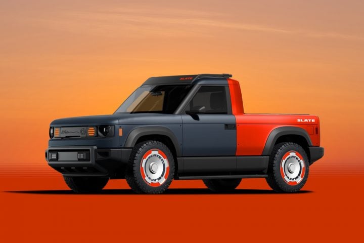 Slate Truck with red wrap front three quarter angle.