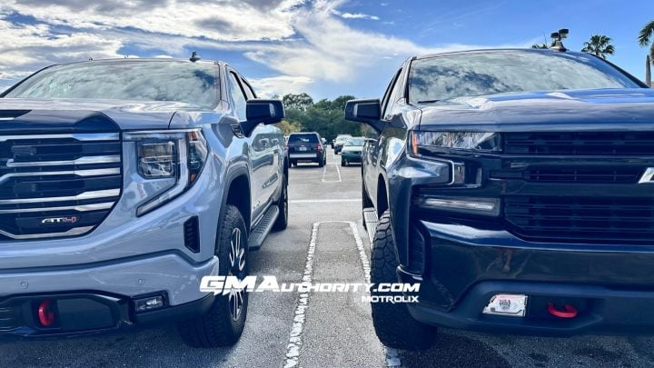 GMC Sierra AT4 on the left, Chevy Silverado Trail Boss LT on the right.