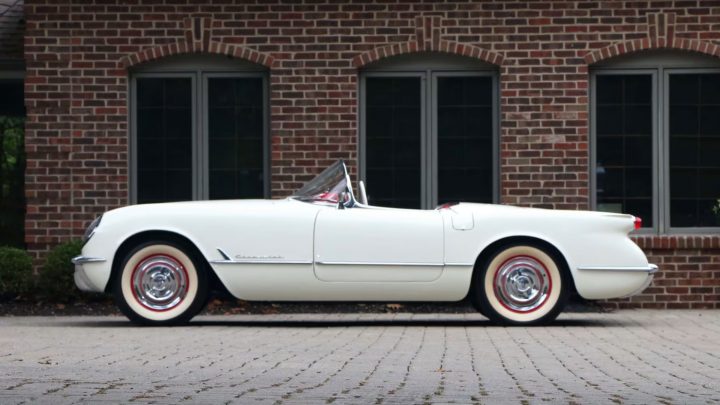 Side profile view of the 1954 Chevy Corvette heading to auction.
