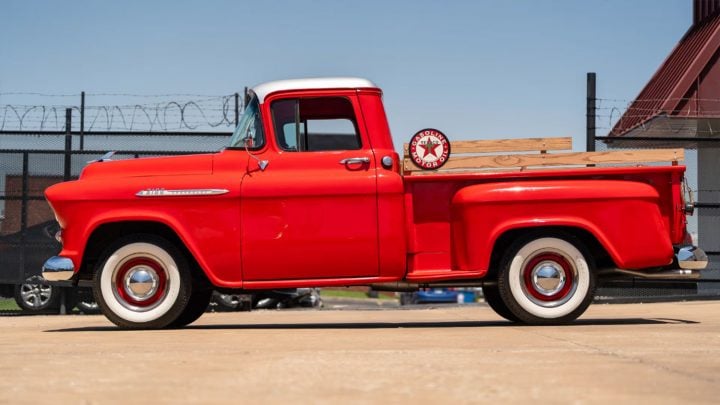 Side profile view of the 1955 Chevy 3100 pickup heading to auction in Tulsa.