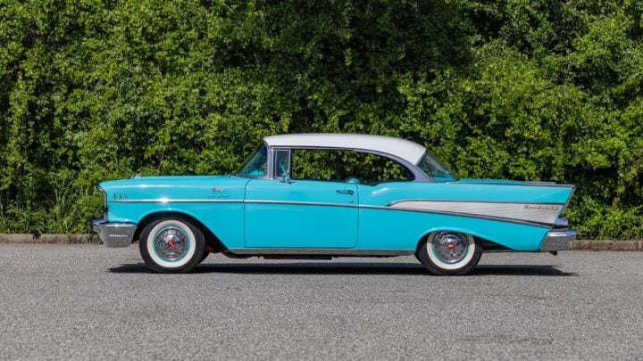 Side profile view of the 1957 Chevy Bel Air Sport Coupe heading to auction.