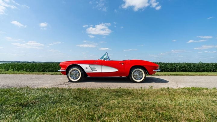 Side profile view of the 1961 Chevy Corvette Fuelie heading to auction.